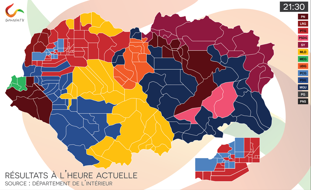 Résultats (en bleu foncé) du MGU dans les comtés (élections génésienne Mars 2016).