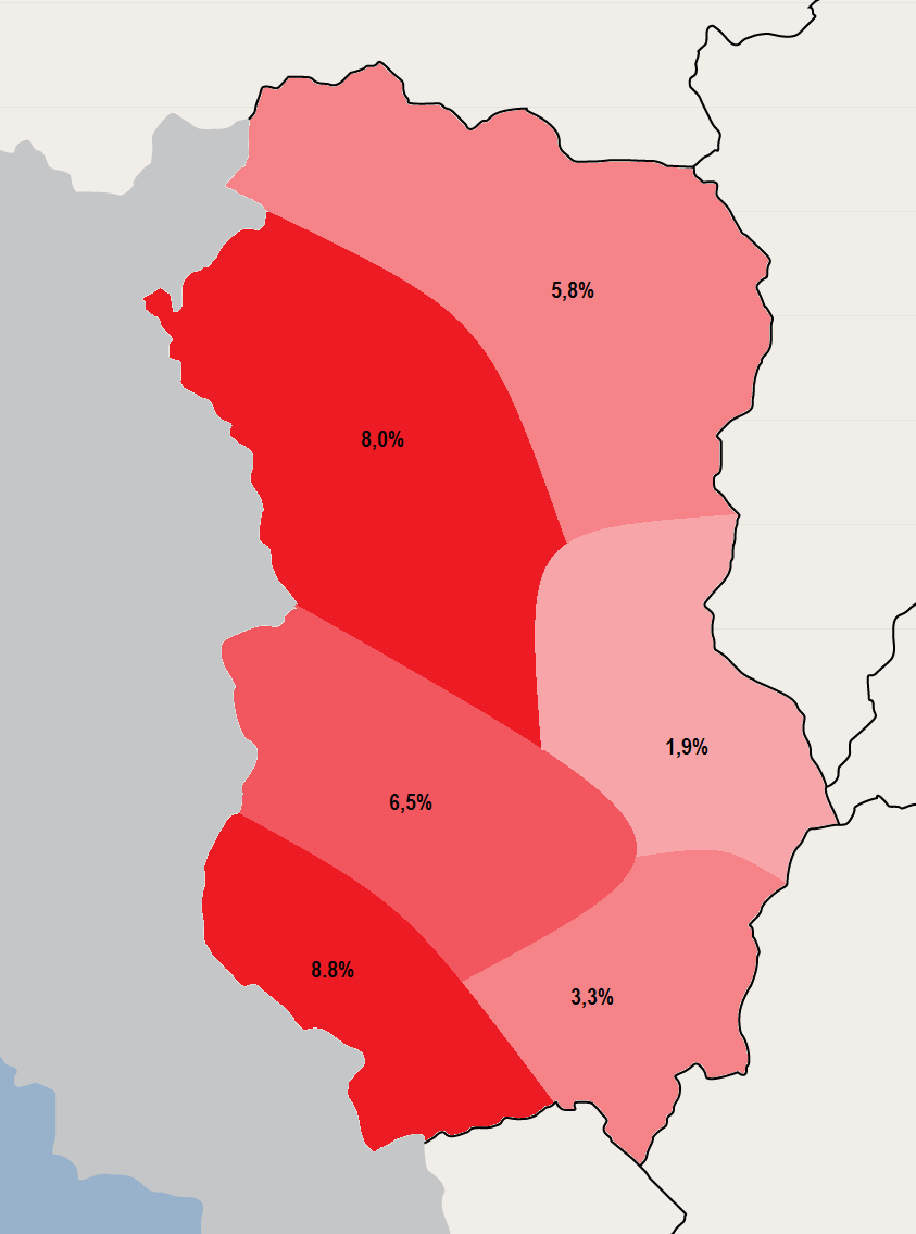 Taux de chomage par zone économique en Whamphalie, Klaw est au nord est.