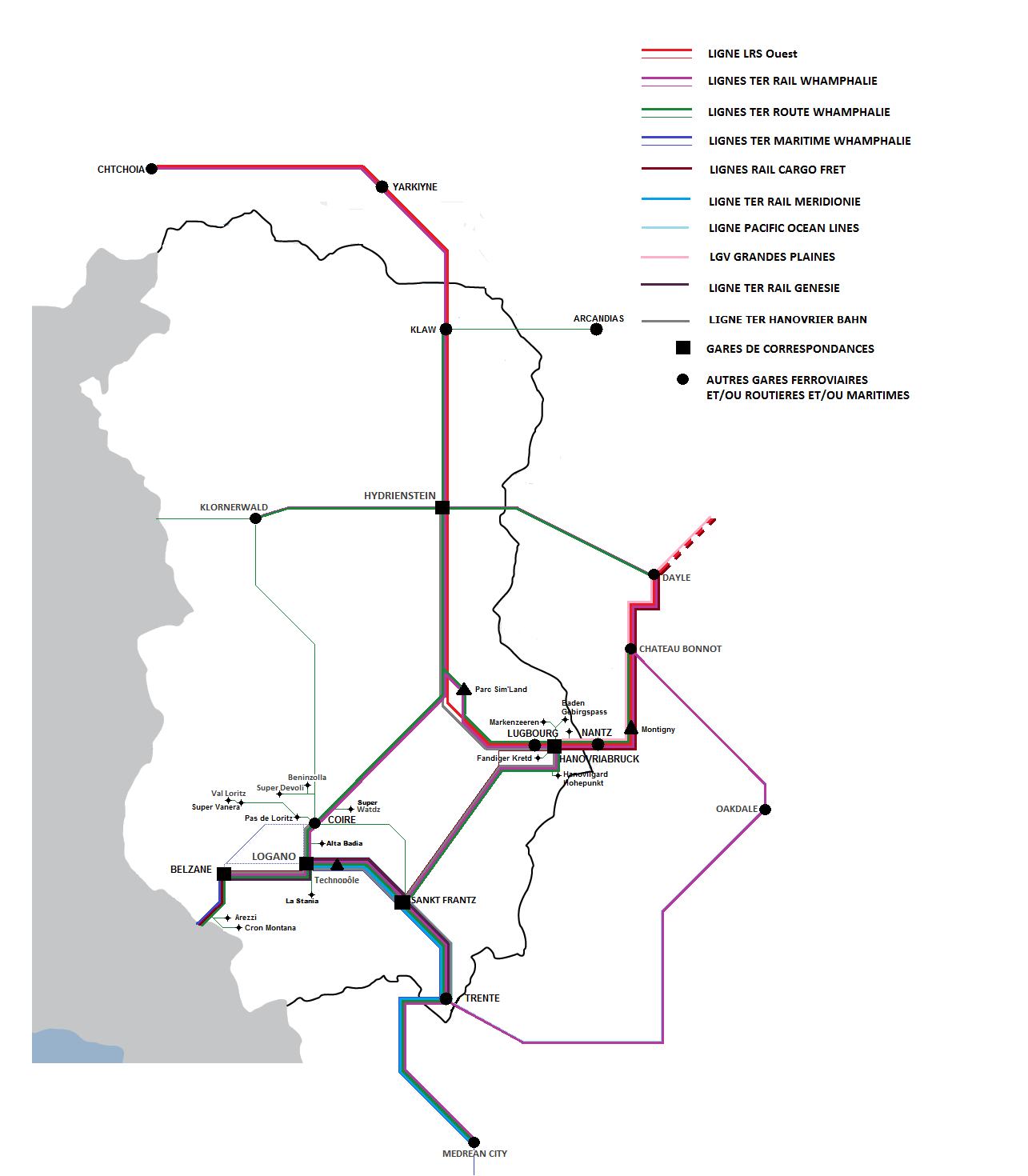 Réseau des transports publics Whamphalien, Klaw se situe au nord est de la carte.