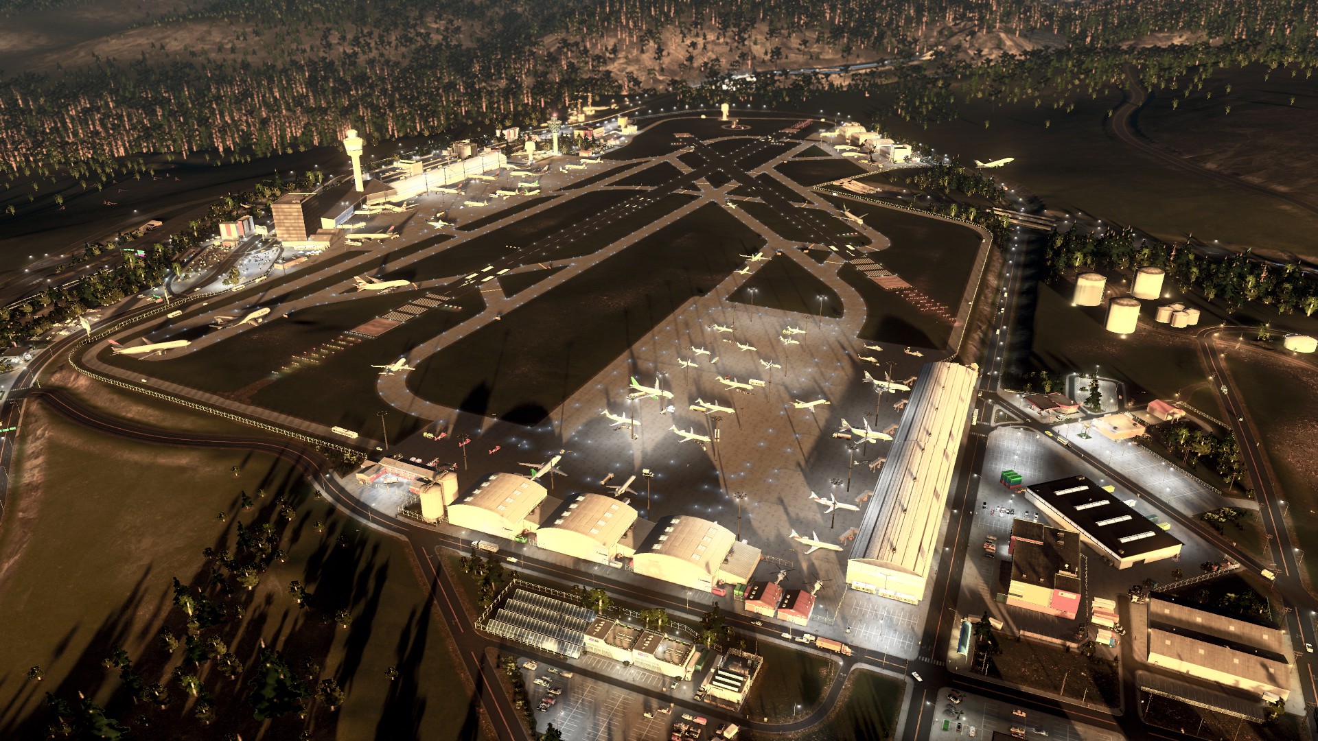 Le terminal 3 et les hangars d'entretien.