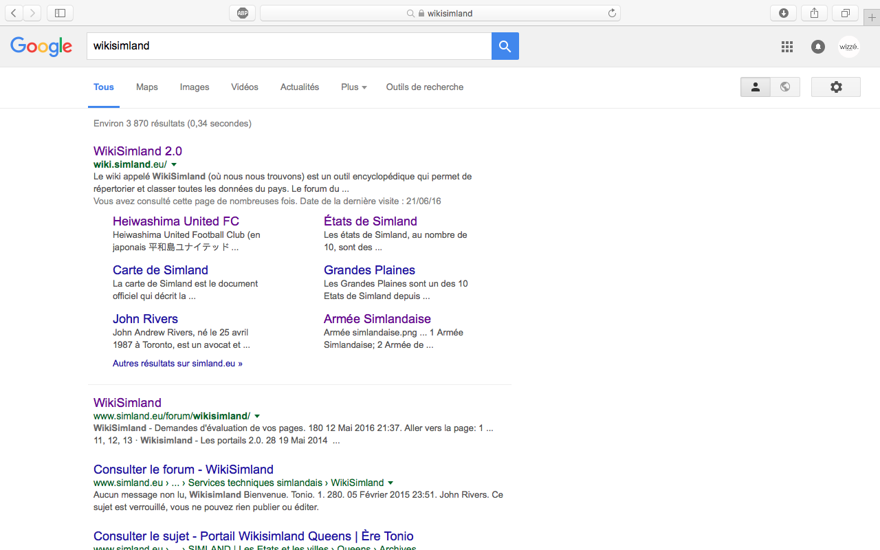 Recherche Google du Wikisimland, septembre 2016.
